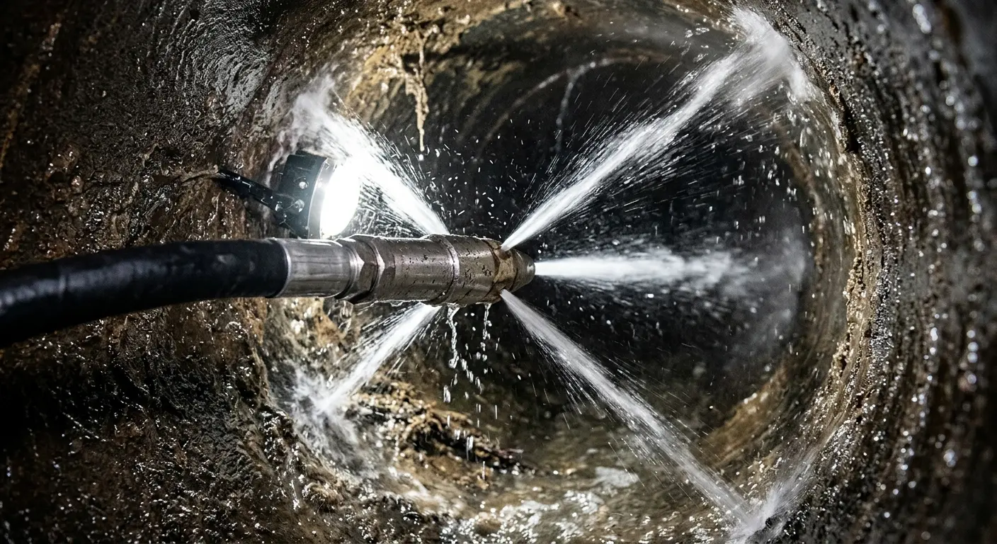 High-pressure hydro jetting nozzle cleaning sewer pipe for Sewer Line Relining in Colby