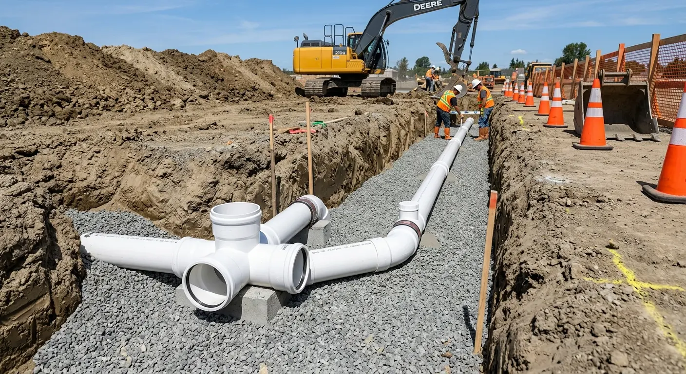 New PVC sewer pipe installation in open trench for Sewer Backup in Colby