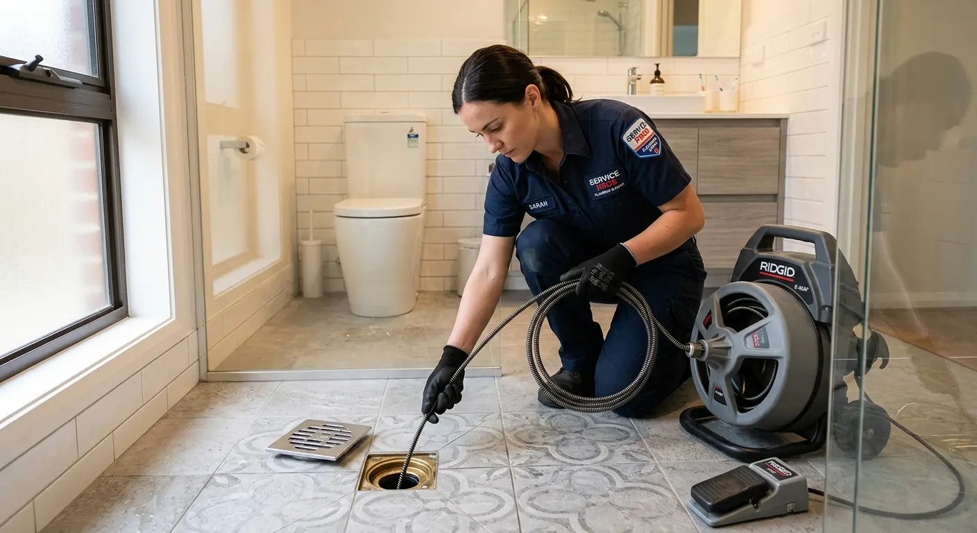Technician clearing a bathroom floor drain for Sewer Line Installation in Colby